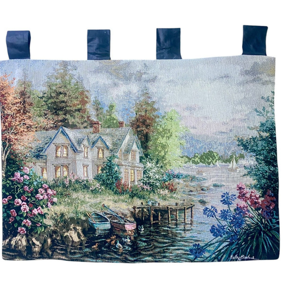 Lakeside Cottage Tapestry Wall Hanging by Artist Nicky Boehme 35" x 25 - Picture 1 of 5